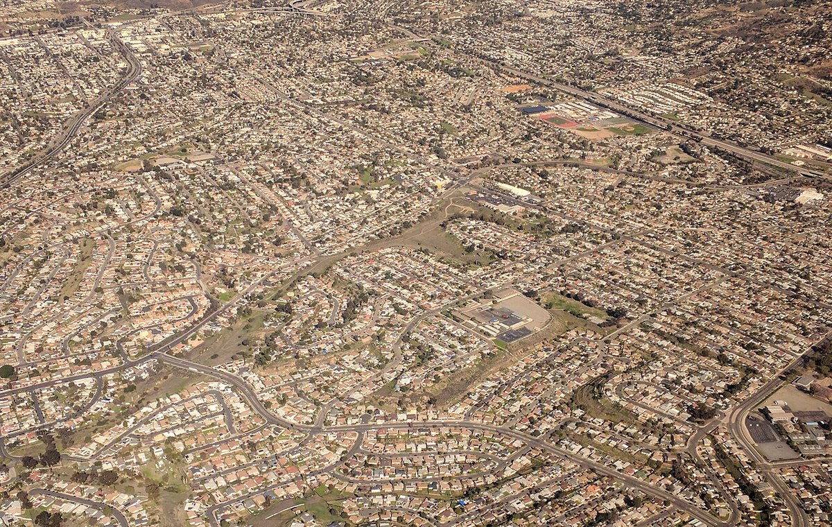 Aerial view of San Diego neighborhoods and freeways